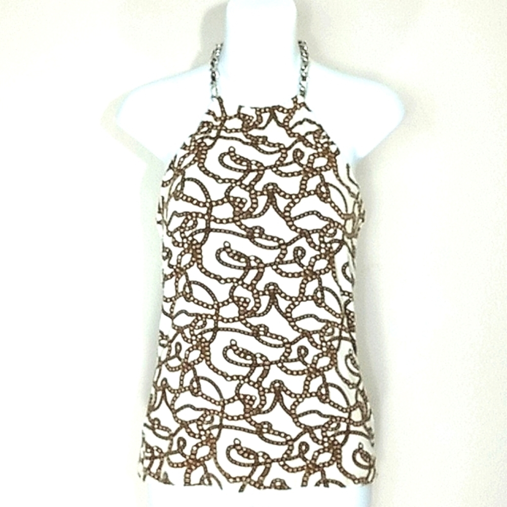 Michael Kors Top Tank halter grecian chain Backless ivory yellow Black Stretchy